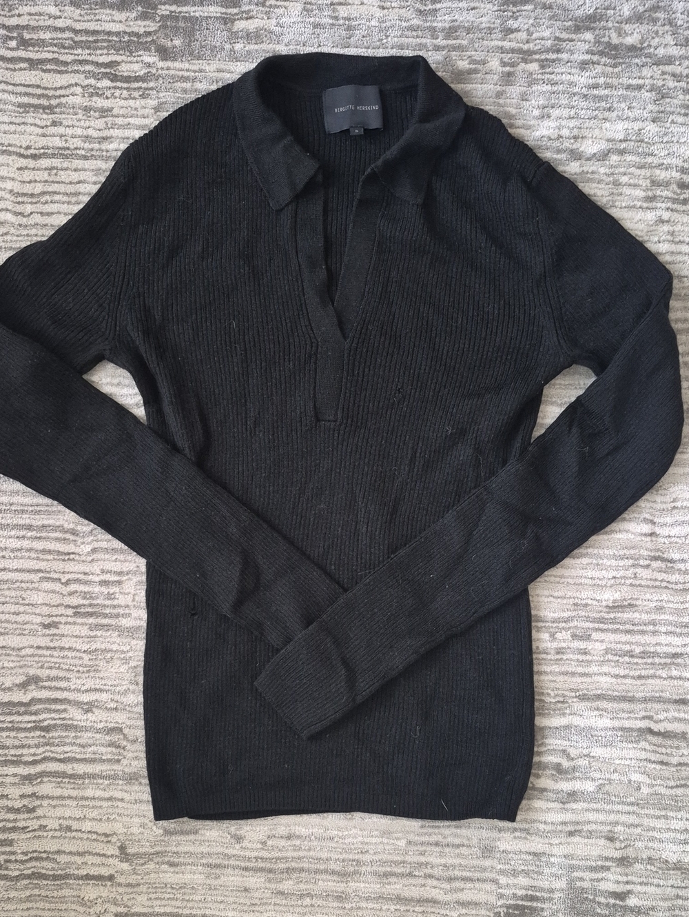 Black Ribbed V-Neck Collared Sweater